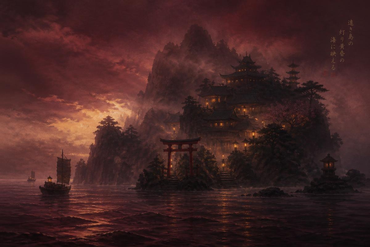 Misty Masuda Island at dusk with lantern light reflecting on dark water
