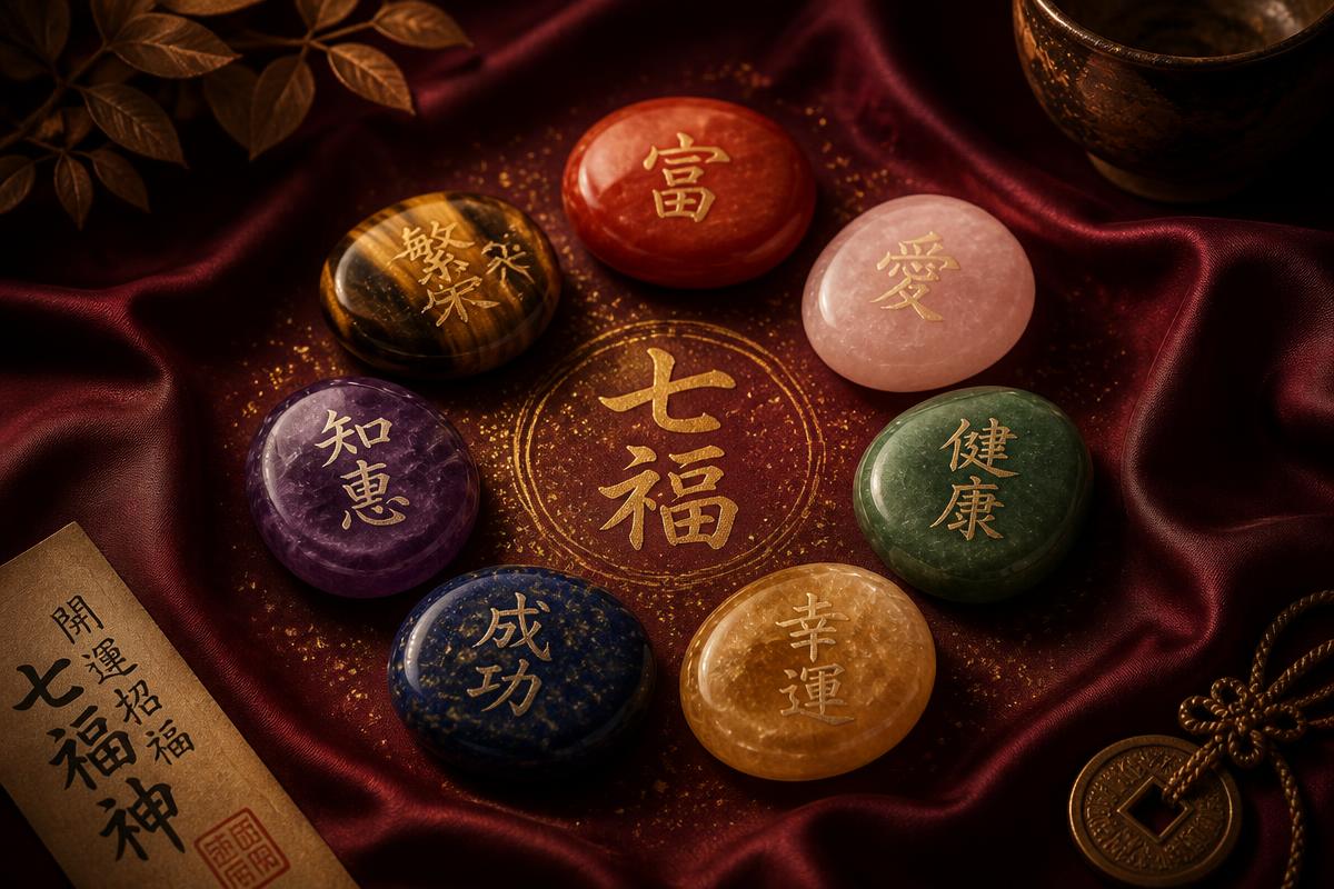 Seven engraved prosperity stones arranged in a circle on deep red silk
